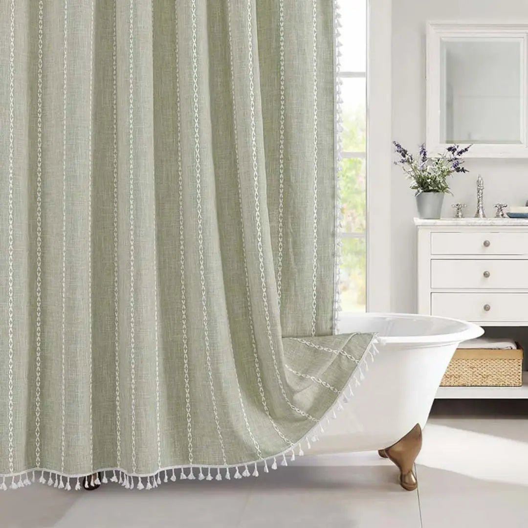 Shower Curtain | Waterproof Linen, Tassel Trim, Checked or Striped Patterns — product image 8