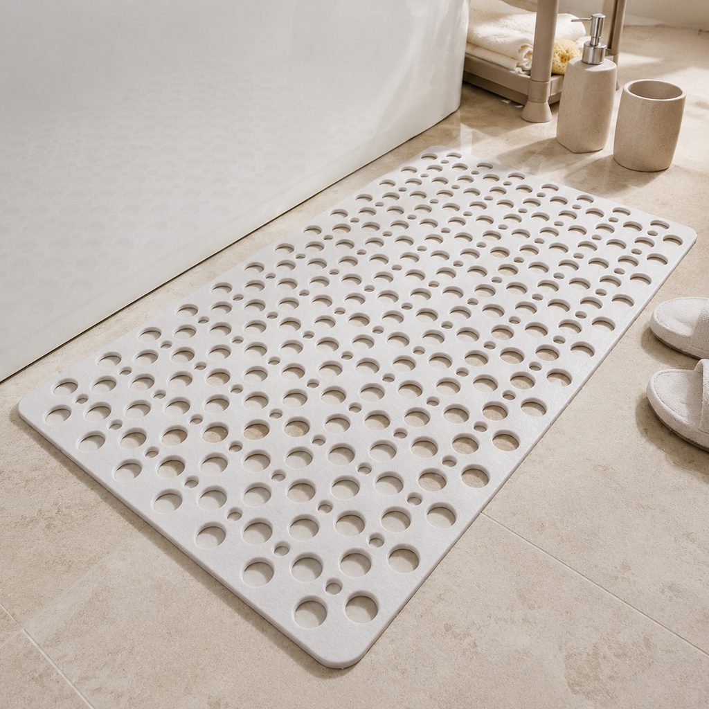Non slip shower mat in white laid flat beside a white bathtub