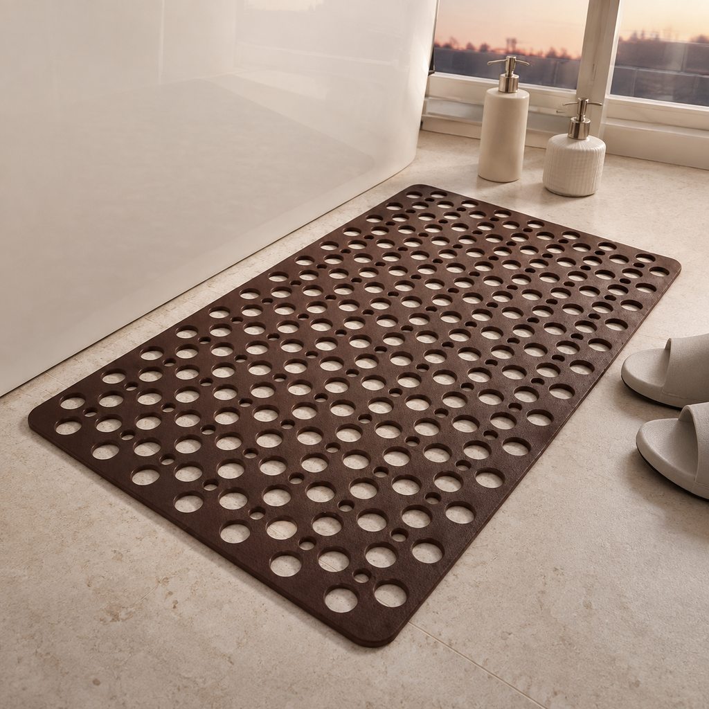 Non slip shower mat in brown laid flat beside a white bathtub