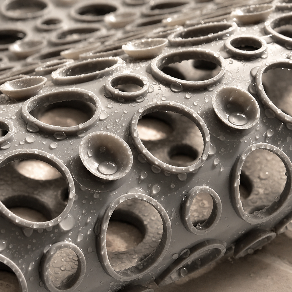 Non slip shower mat macro showing circular drainage holes and raised texture