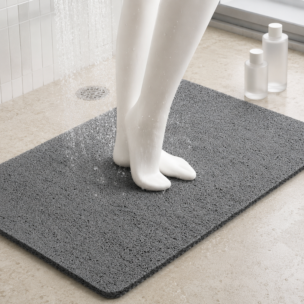 Loofah shower mat in gray beneath mannequin feet with water spraying nearby