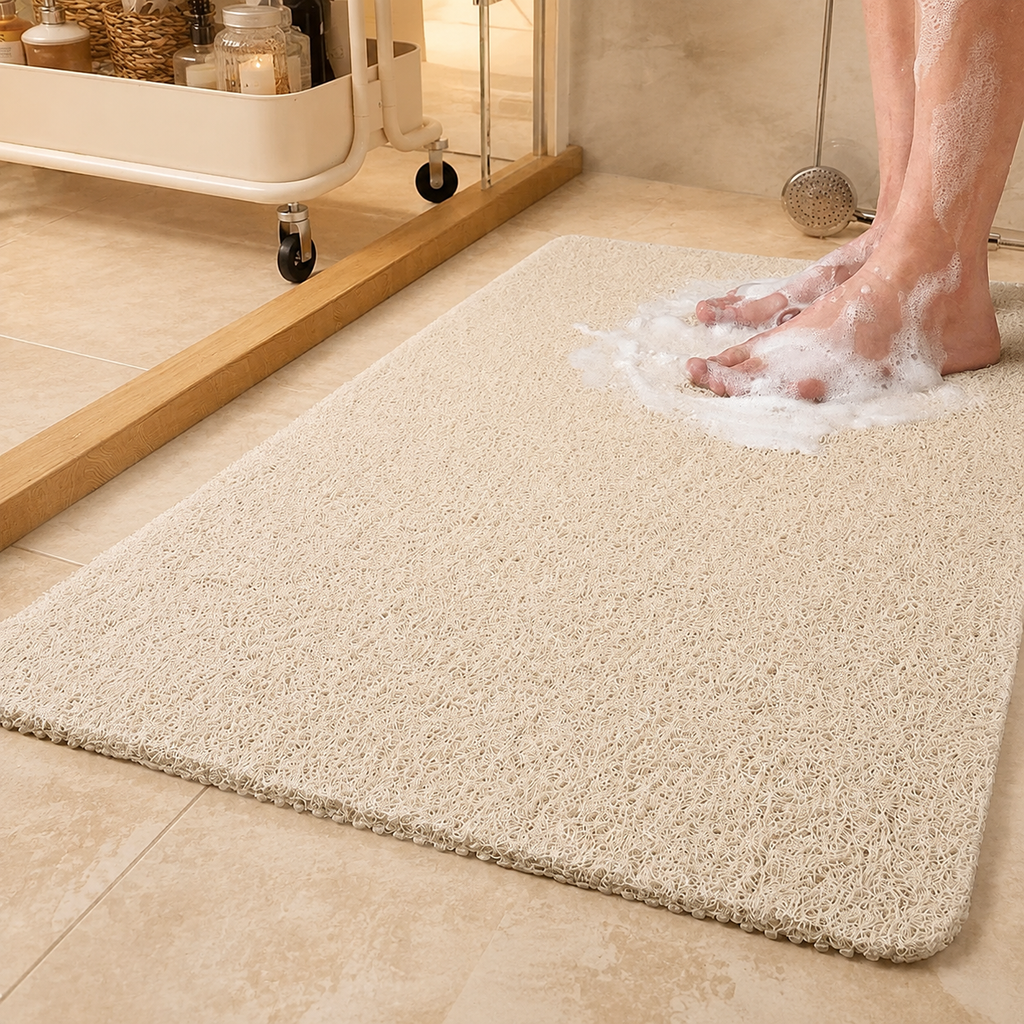 Loofah shower mat in beige beneath wet feet in a warm tiled bathroom