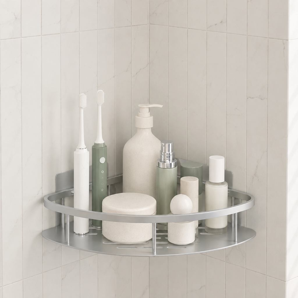 Shower shelf in silver aluminum with one corner tier holding pale toiletries