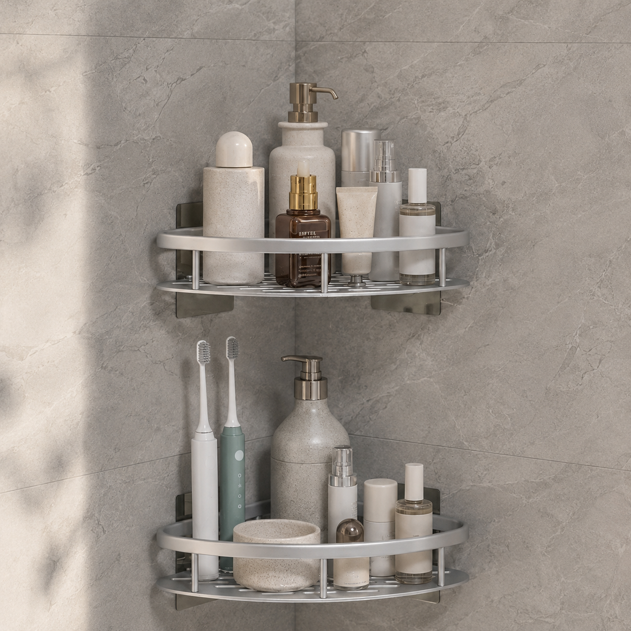 Shower shelf set with two silver corner tiers holding bottles on gray tile