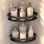 Shower shelf set with two black corner tiers holding bottles and toothbrushes