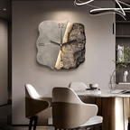 Beige split-stone wall clock with sculpted relief in a modern dining room