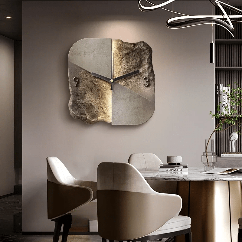 Brown geometric wall clock in a modern dining room
