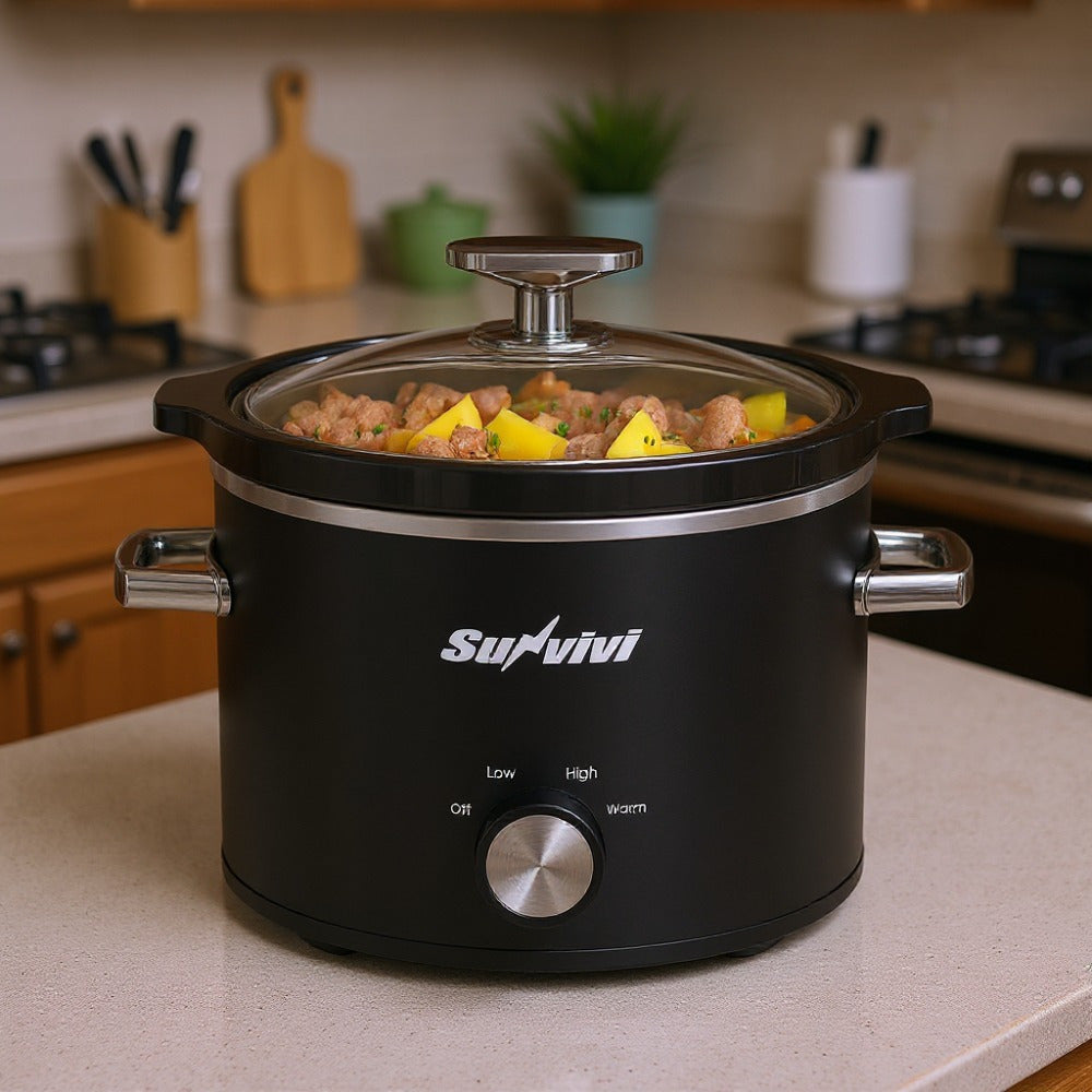 Black two quart slow cooker with manual heat dial