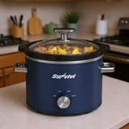 Blue two quart slow cooker on kitchen countertop