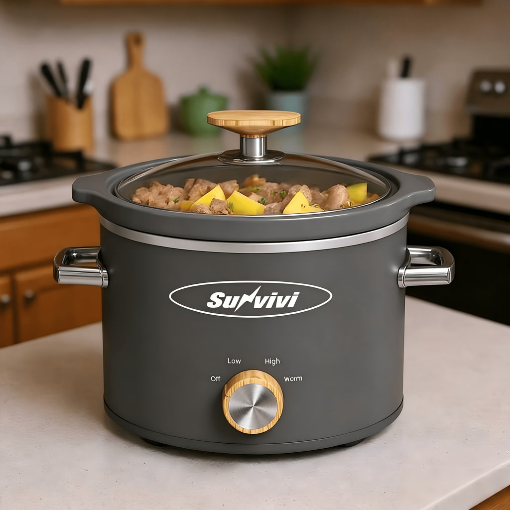 Gray two quart slow cooker with gold colored dial