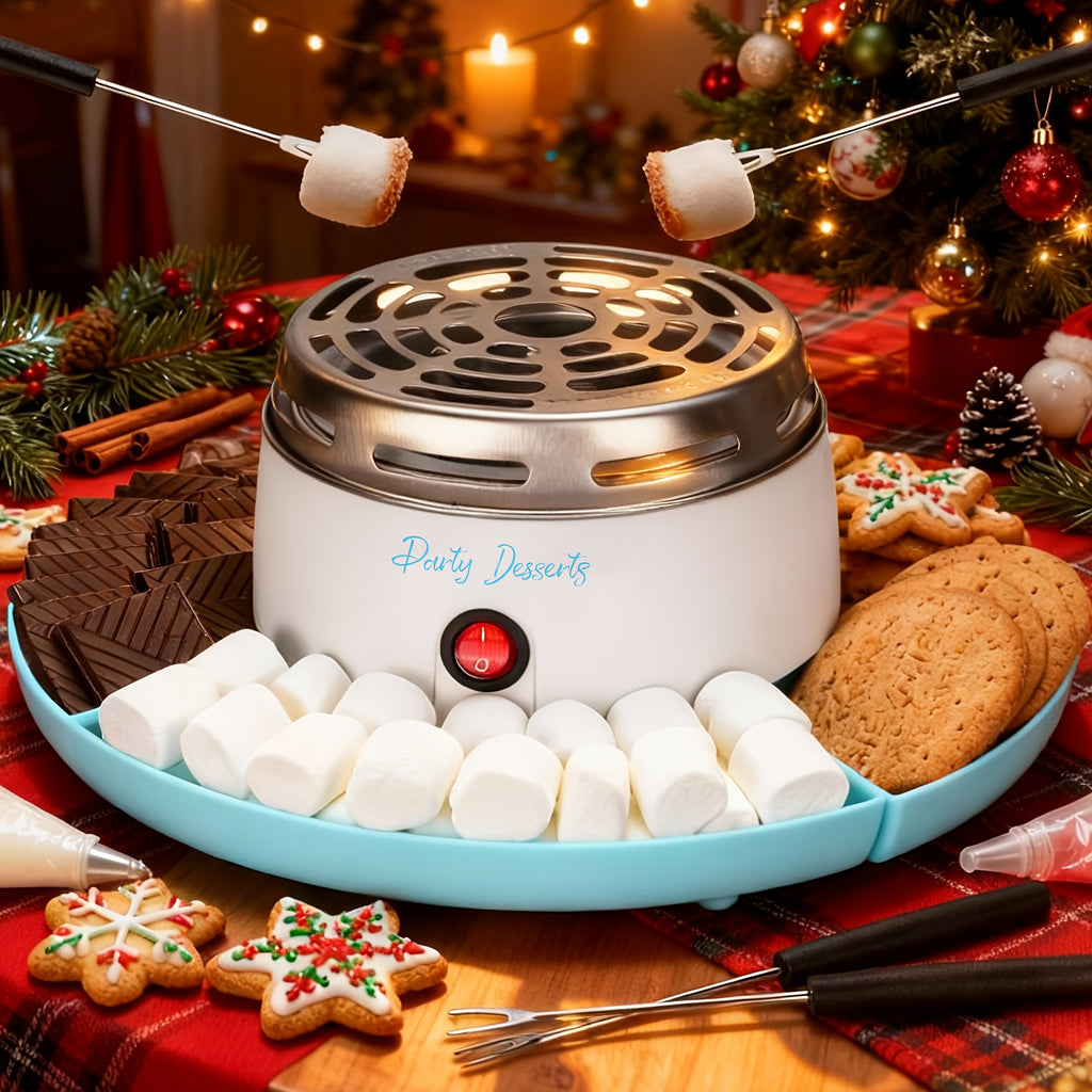 Blue smores maker with four ingredient compartments and roasting forks on a festive table.