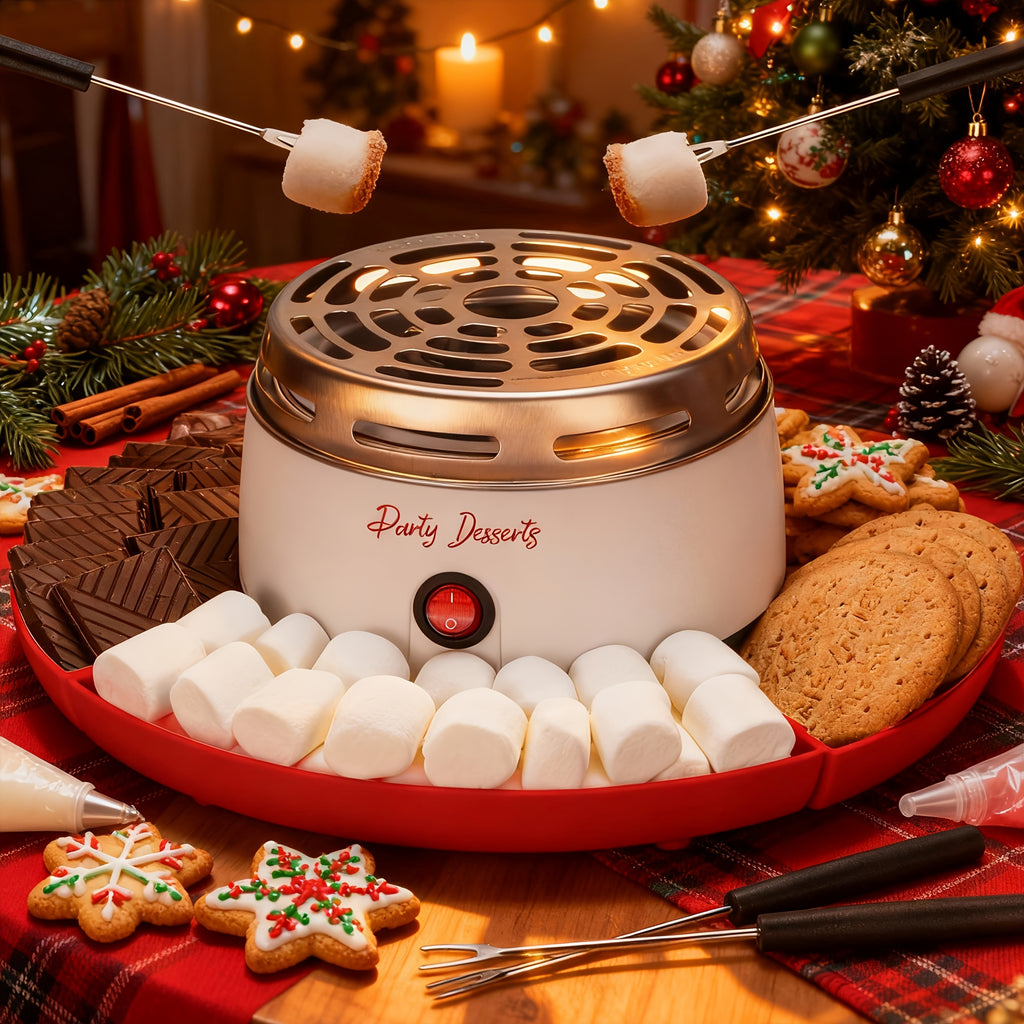 Red smores maker with marshmallows and chocolate arranged around the electric roaster.