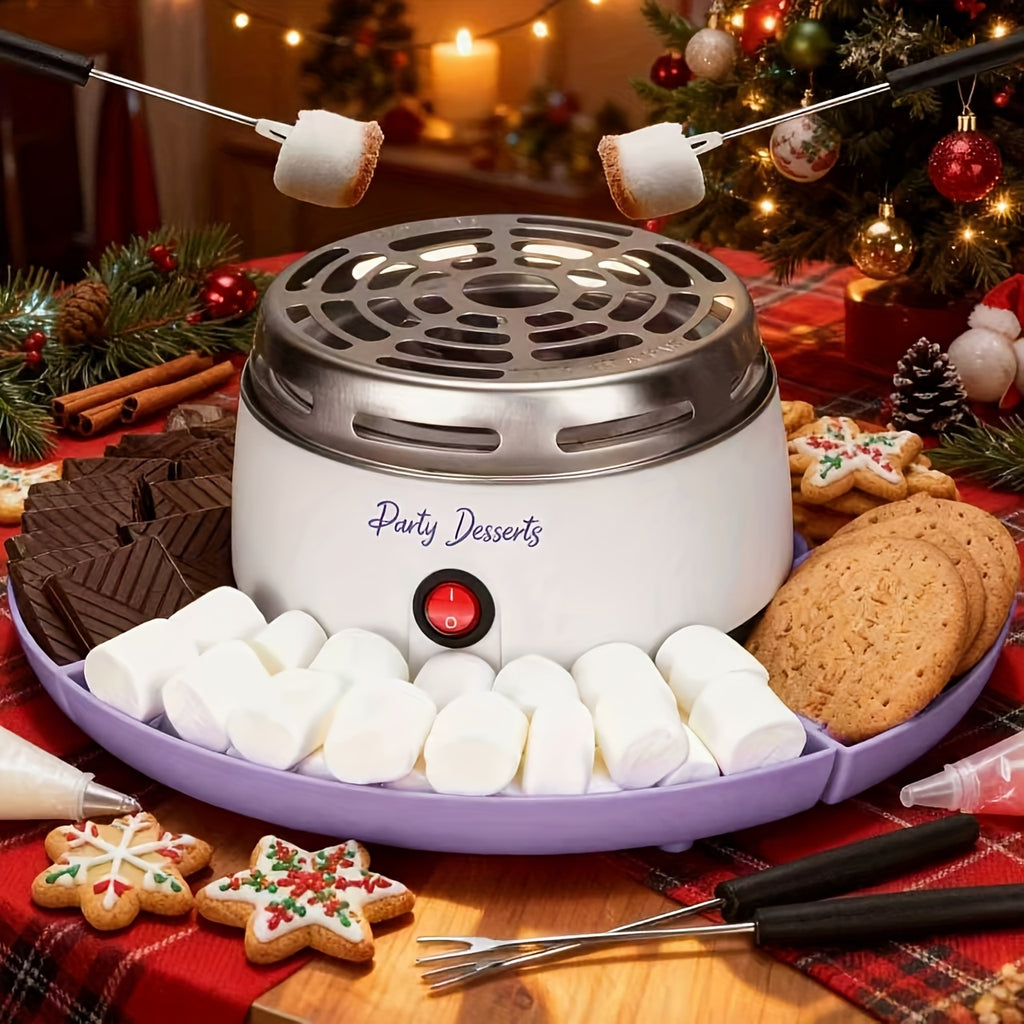 Purple smores maker with four divided ingredient compartments and roasting forks.