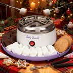 Purple smores maker with four divided ingredient compartments and roasting forks.