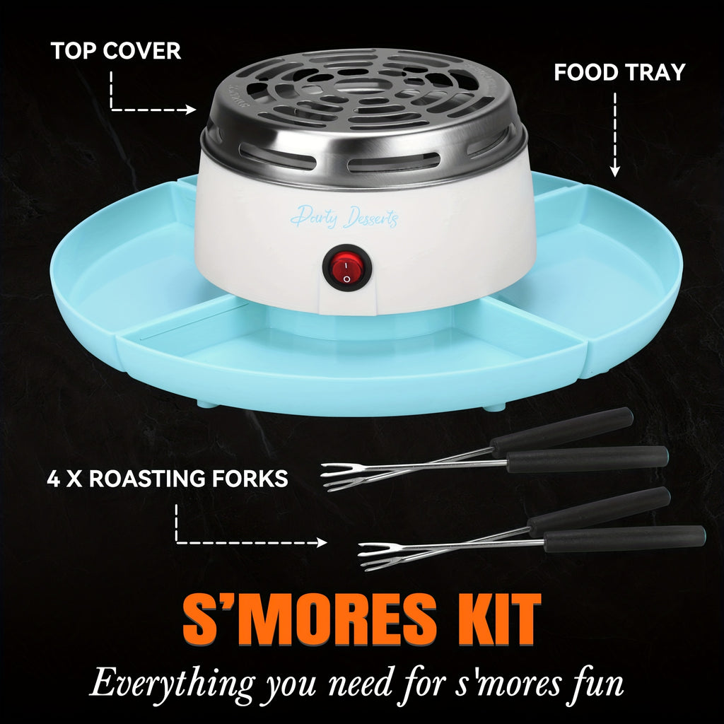 Smores maker with its top cover, divided food tray and four roasting forks shown separately.