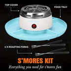 Smores maker with its top cover, divided food tray and four roasting forks shown separately.