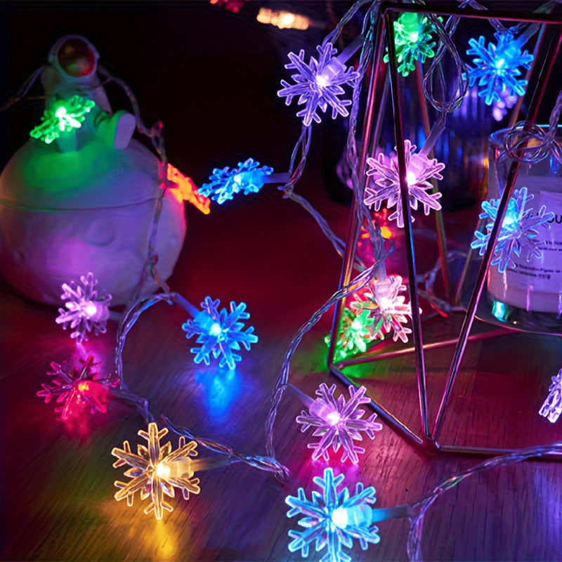 Multicolor snowflake string lights in a decorative display