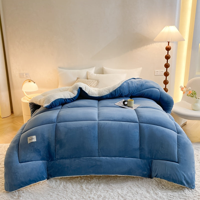 Blue plush box quilted comforter on a bed
