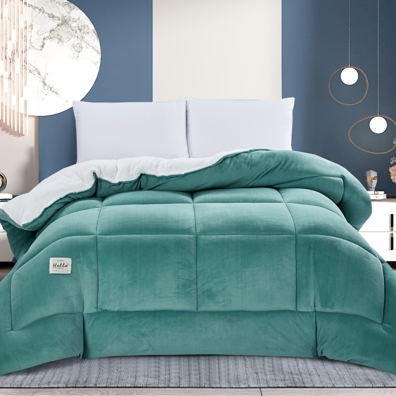 Teal comforter with a white reverse in a bedroom