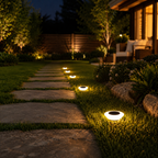 Five warm white solar ground lights lining a stone garden path beside a landscaped American backyard.