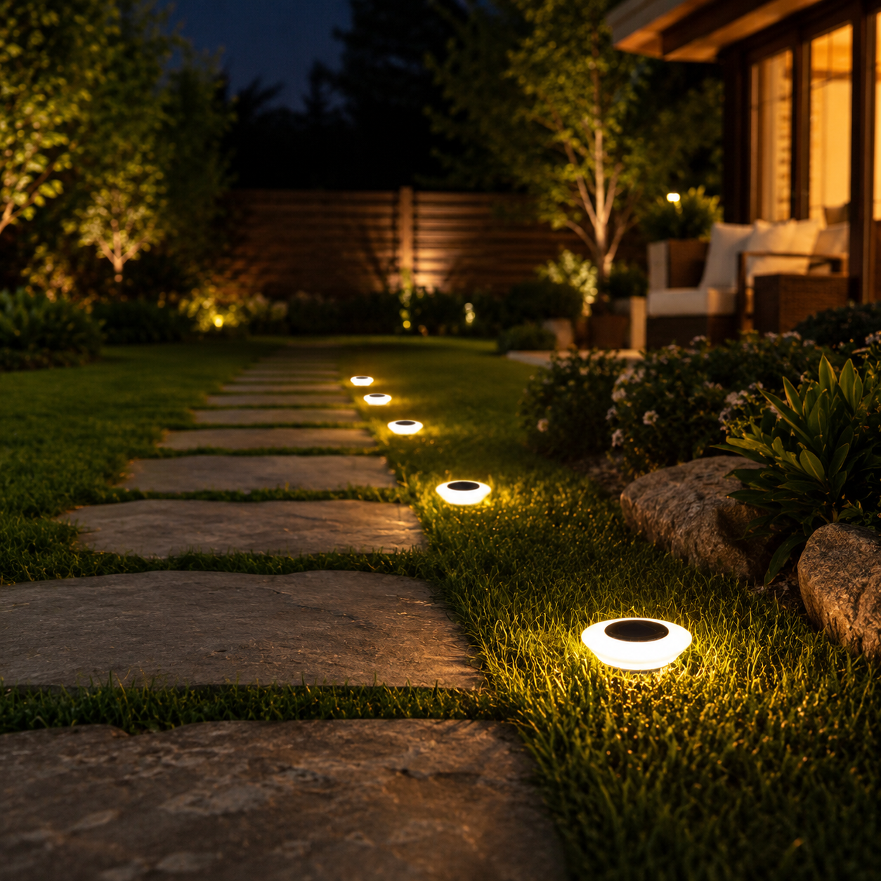 Five warm white solar ground lights lining a stone garden path beside a landscaped American backyard.