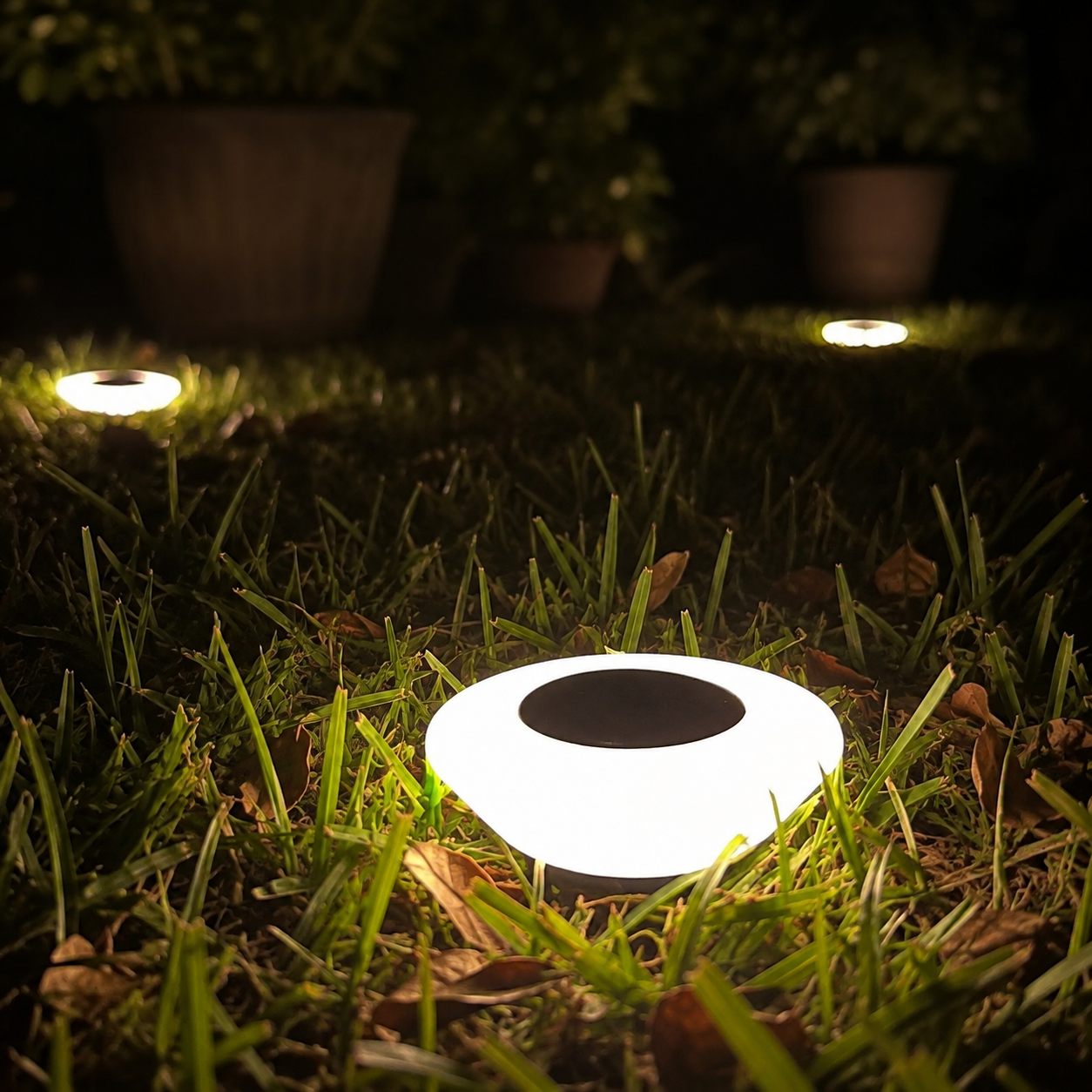 One warm white solar ground light in grass with two more glowing softly in the background.