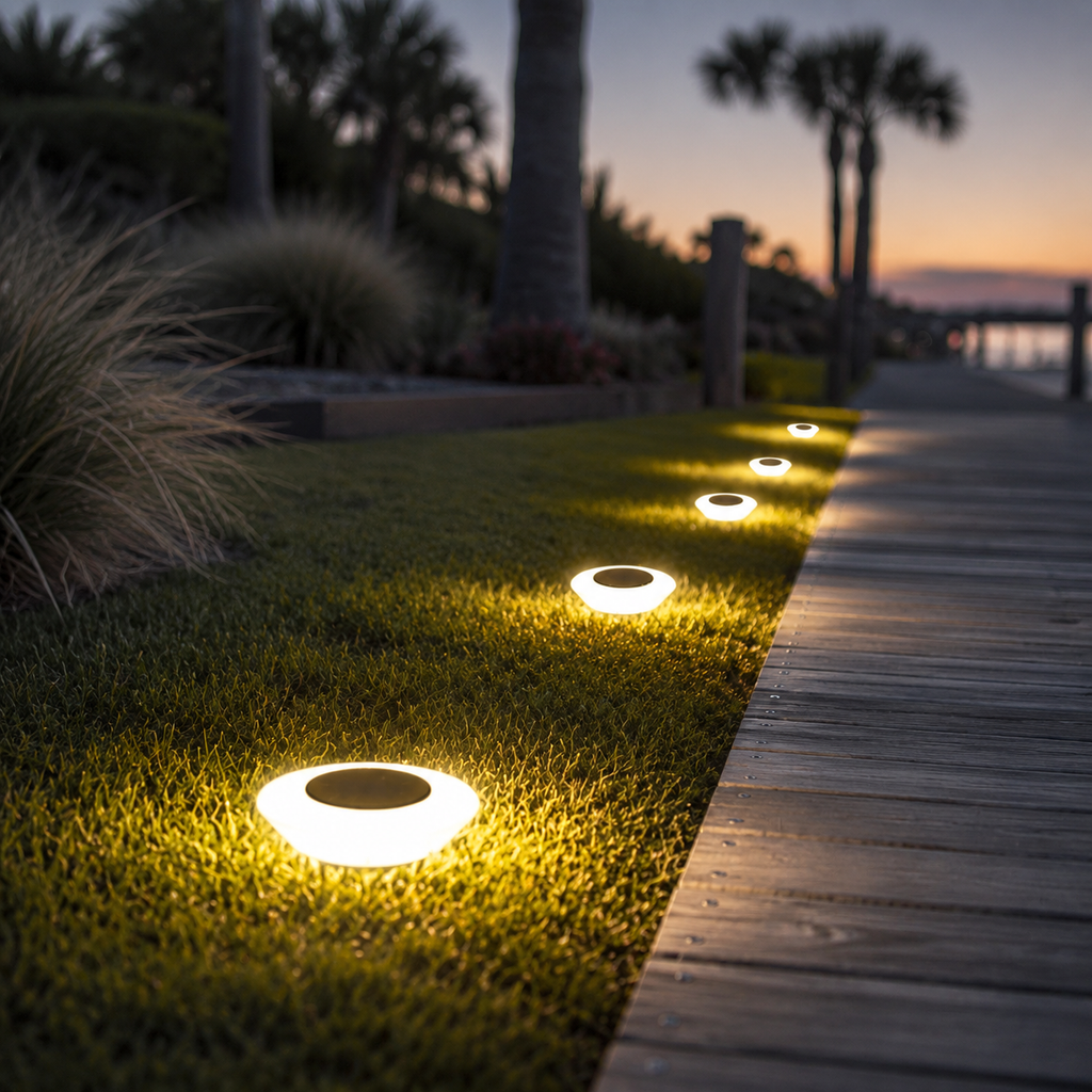 Five warm white solar ground lights following a lawn beside a wooden garden boardwalk at dusk.
