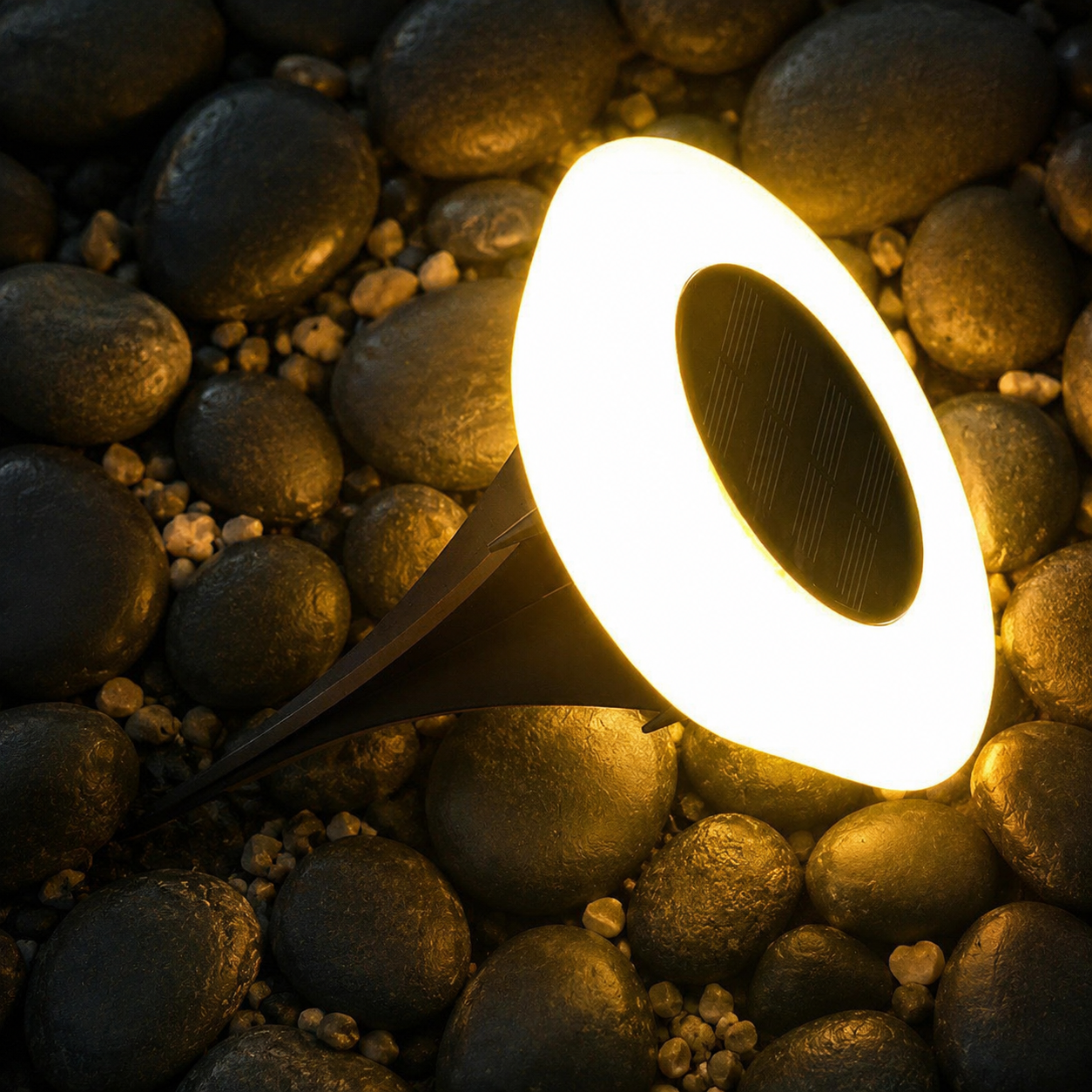 Warm white solar ground light shown close up on dark river stones with its black ground stake visible.