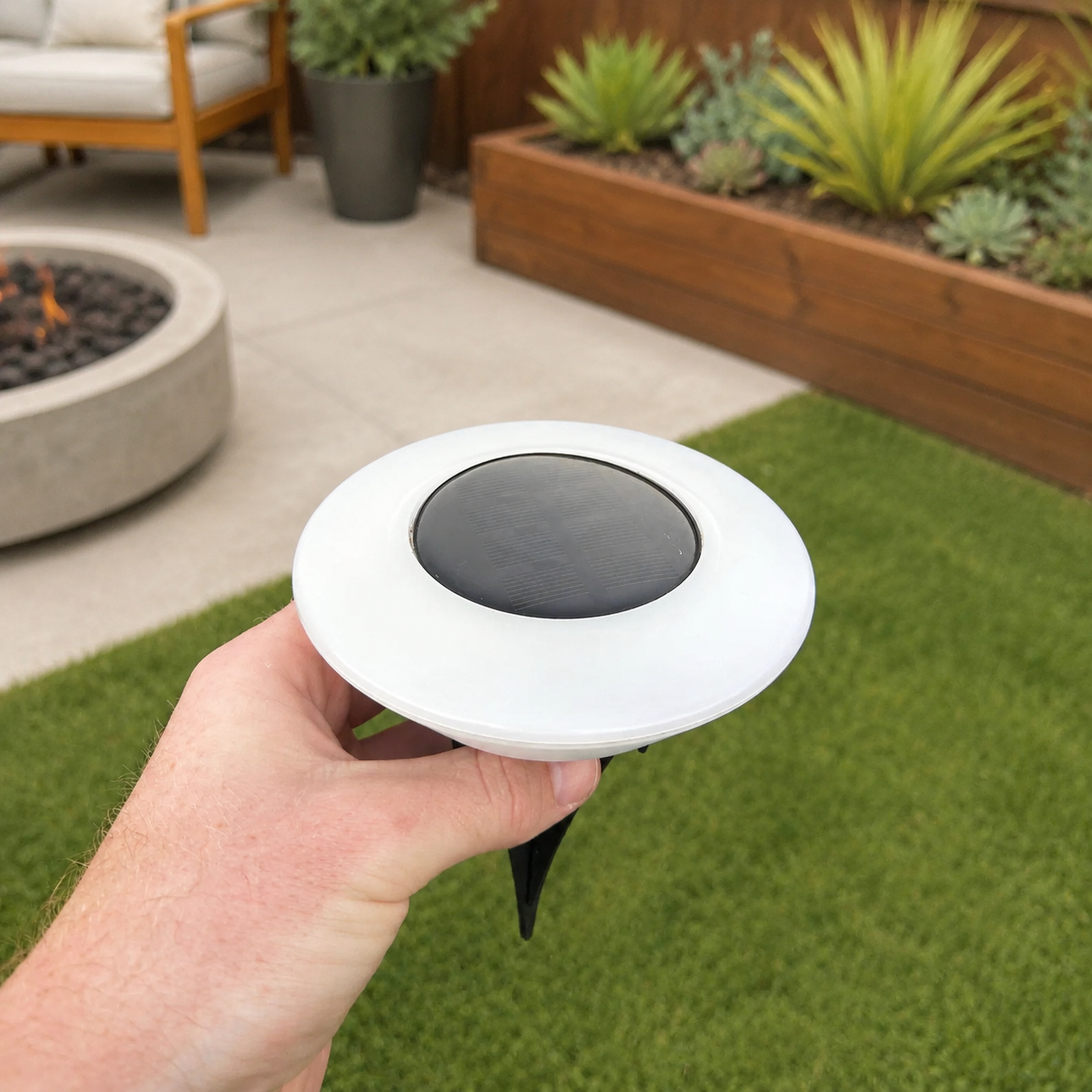 White solar ground light held by hand in a modern backyard, showing the center panel and ground stake.