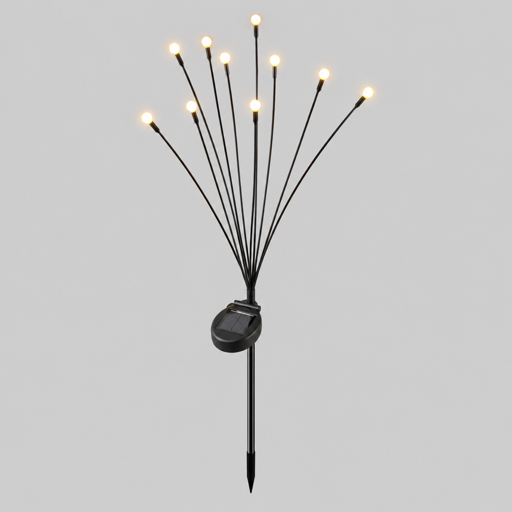 Solar-powered fiber optic garden lights with multiple thin black stems emitting warm white light bulbs, featuring a small black solar panel and stake, shown against a solid gray background.