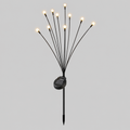 Solar-powered fiber optic garden lights with multiple thin black stems emitting warm white light bulbs, featuring a small black solar panel and stake, shown against a solid gray background.
