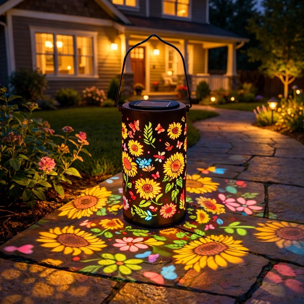 Black solar garden lantern projecting multicolor flowers onto a path.