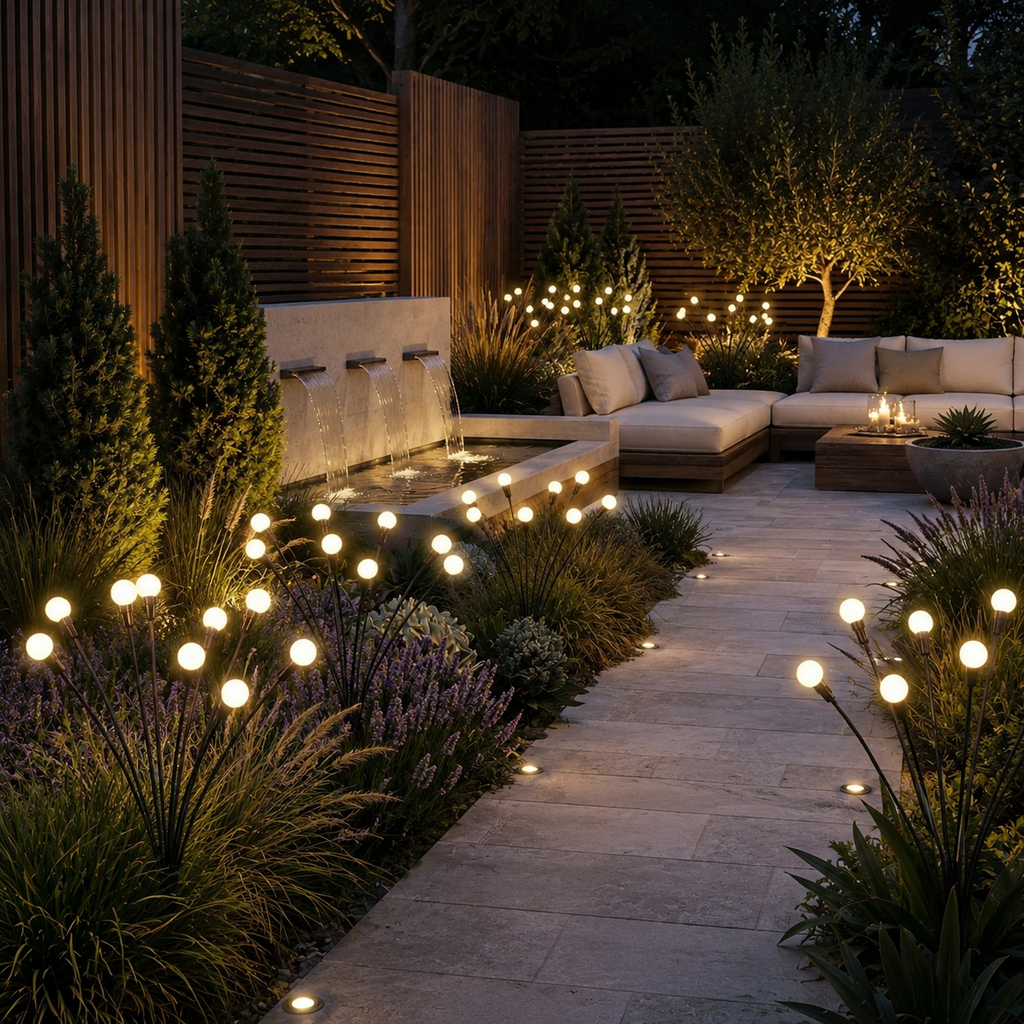 Warm white solar garden lights lining a landscaped patio path at dusk.