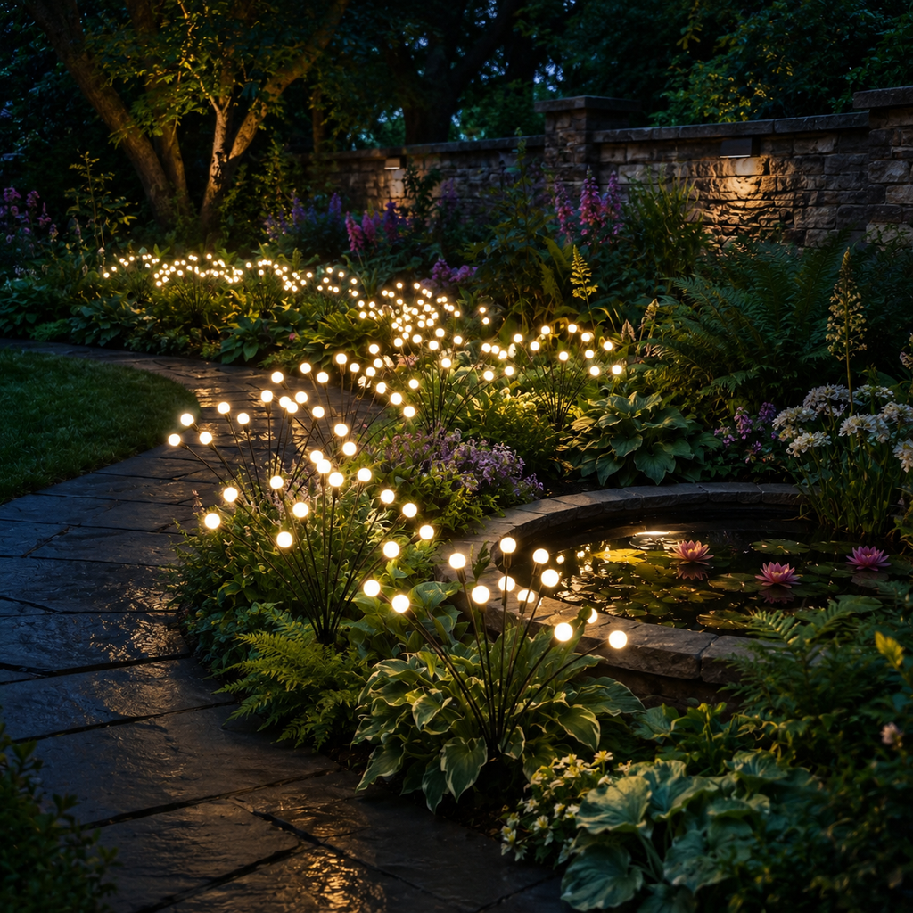 Warm white solar garden lights curving through planting beds around a pond.