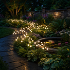 Warm white solar garden lights curving through planting beds around a pond.