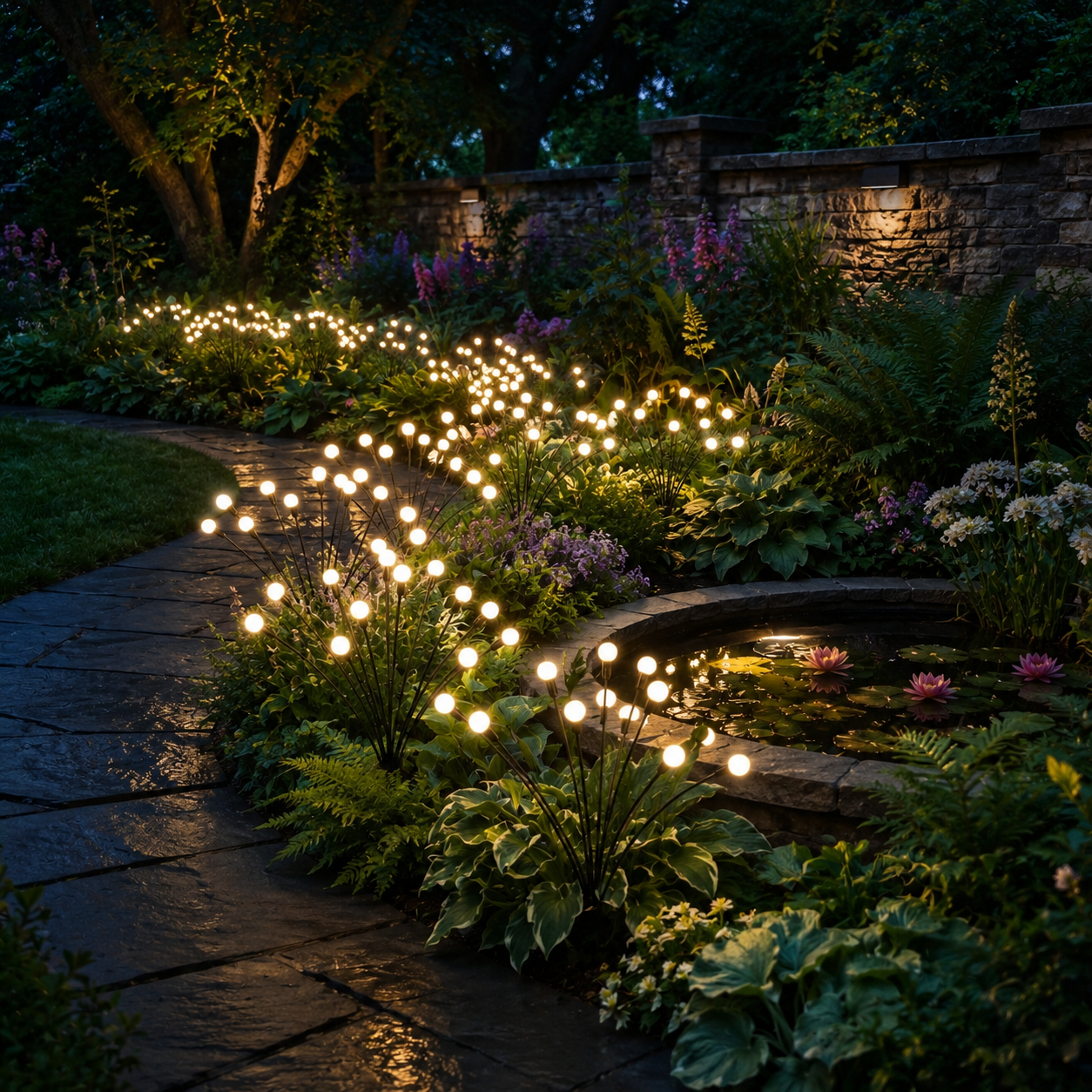 Warm white solar garden lights curving through planting beds around a pond.