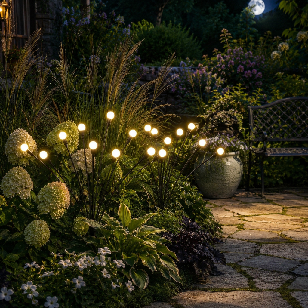 Warm white solar garden lights glowing beside flowers and a garden bench.