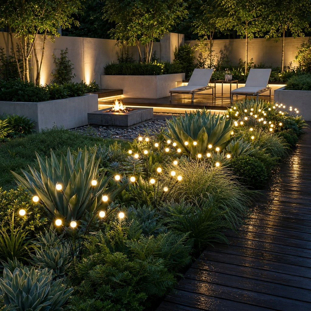 Warm white solar garden lights illuminating beds beside a wet boardwalk.
