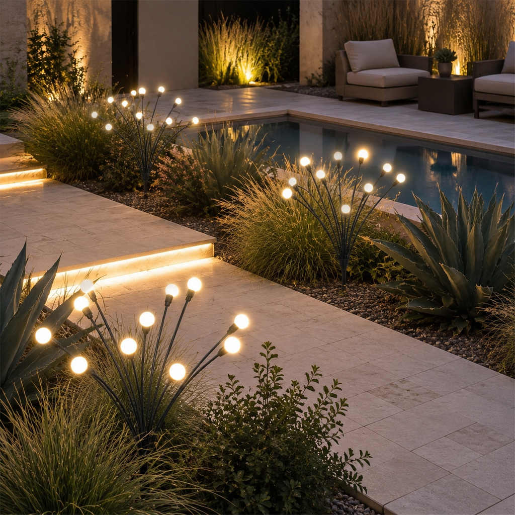 Warm white solar garden lights placed around a modern pool walkway.