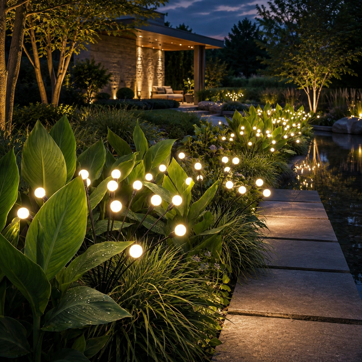 Warm white solar garden lights lining a path beside a reflecting pond.