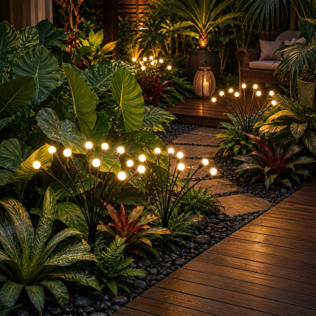 Warm white solar garden lights glowing among tropical plants beside a wood deck.