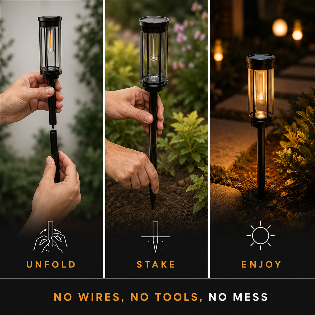 Three-step installation guide showing the solar pathway light being assembled, staked into the ground, and illuminated in a garden.