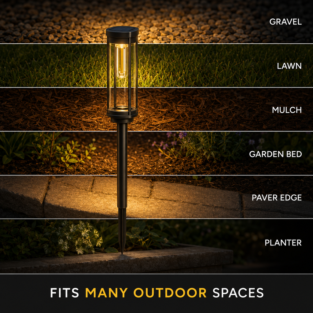 Solar pathway light displayed across gravel, lawn, mulch, garden bed, paver edge, and planter placement examples.