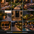 Nine outdoor settings featuring glowing solar pathway lights, including a patio, garden path, deck, balcony, porch, driveway, and poolside.