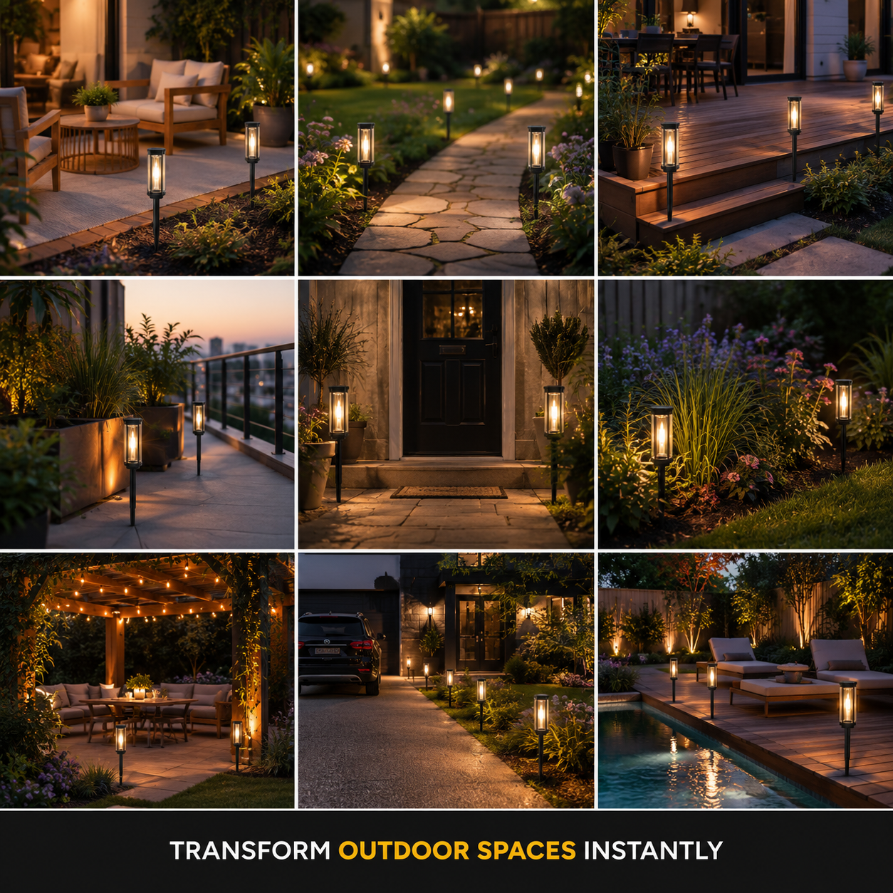 Nine outdoor settings featuring glowing solar pathway lights, including a patio, garden path, deck, balcony, porch, driveway, and poolside.