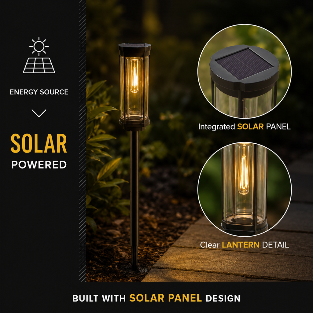 Solar-powered pathway light infographic highlighting the integrated top solar panel and clear lantern with warm filament light.