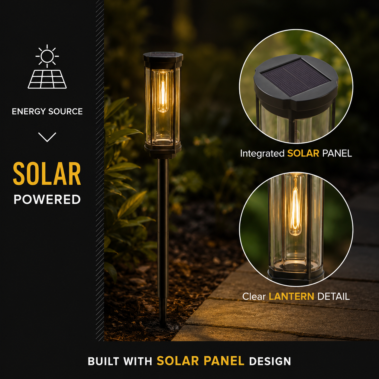 Solar-powered pathway light infographic highlighting the integrated top solar panel and clear lantern with warm filament light.