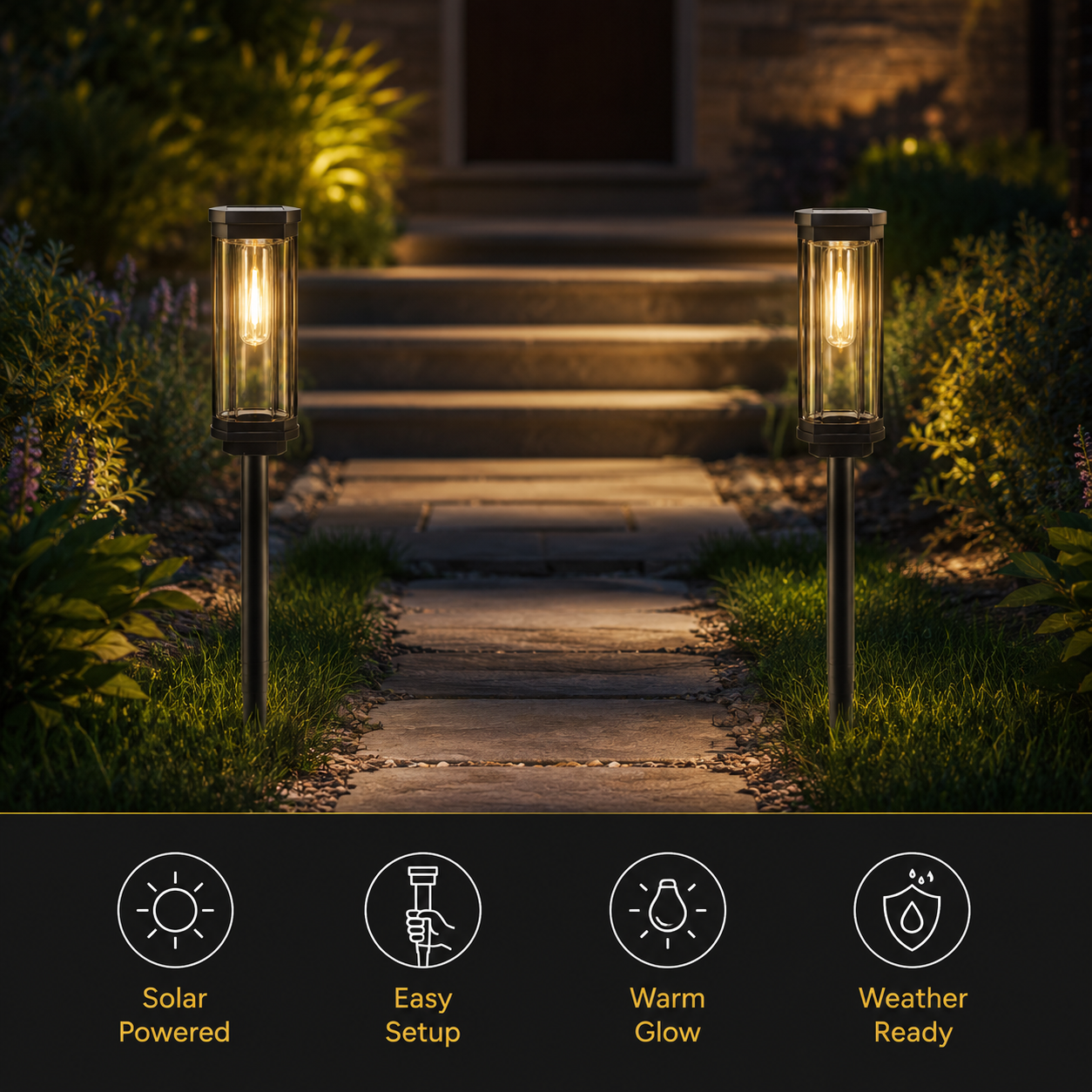 Two solar pathway lights illuminating a garden walkway with icons for solar power, easy setup, warm glow, and outdoor use.