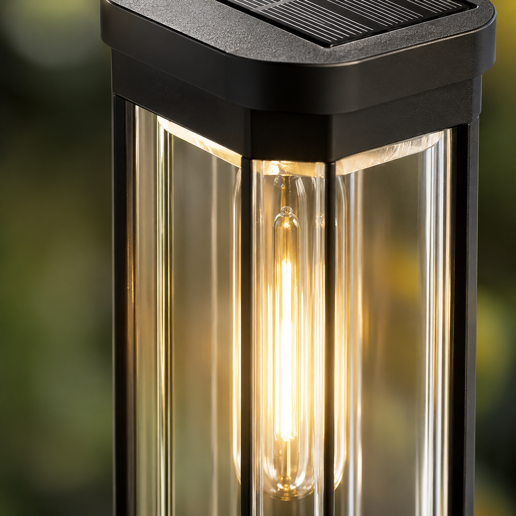 Close-up of the black solar pathway light showing the textured solar panel, clear lantern panels, and glowing filament-style LED.