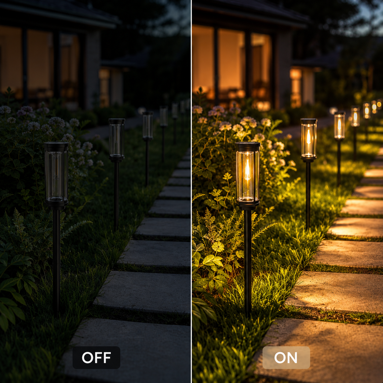 Side-by-side comparison of a garden pathway with the solar lights switched off and switched on with a warm glow.
